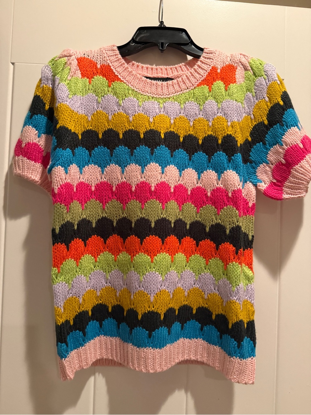 Boutique Multicolor Scallop-Stripe Short Sleeve Crew Sweater - Pink